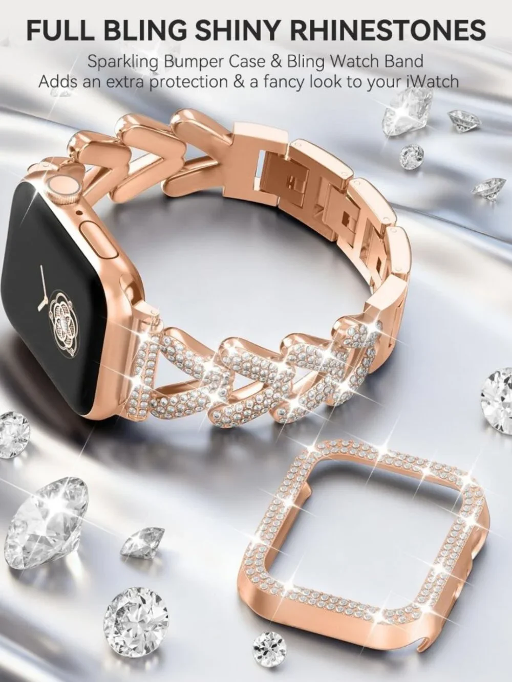 Rhinestone Metal Bracelet & Case for Apple Watch 38mm-49mm - Bling Gold Women's